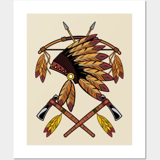 Native American War Bonnet Bow Arrows Feathers And Tomahawk Posters and Art